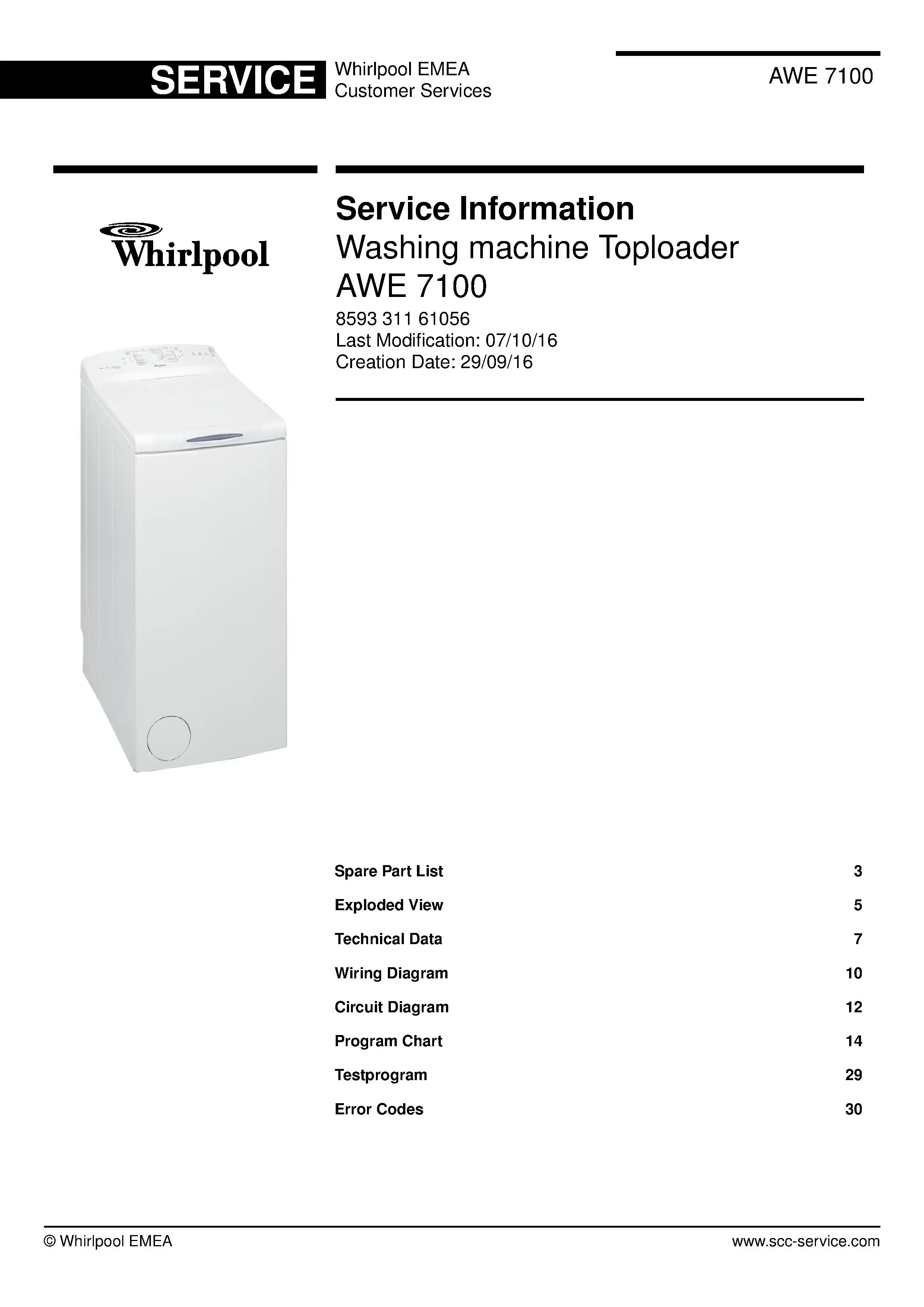 Whirlpool awe 7100 service manual cover Whirlpool logo, Whirlpool EMEA customer service, model type, publication date, document number and service manual contents
