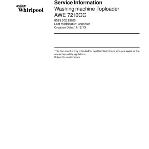 Whirlpool awe 7210gg service manual cover Whirlpool logo, Whirlpool EMEA customer service, model type, publication date, document number and service manual contents