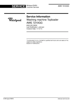 Whirlpool awe 7210gg service manual cover Whirlpool logo, Whirlpool EMEA customer service, model type, publication date, document number and service manual contents