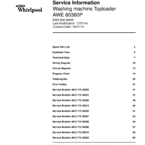 Whirlpool awe 80360p service manual cover Whirlpool logo, Whirlpool EMEA customer service, model type, publication date, document number and service manual contents