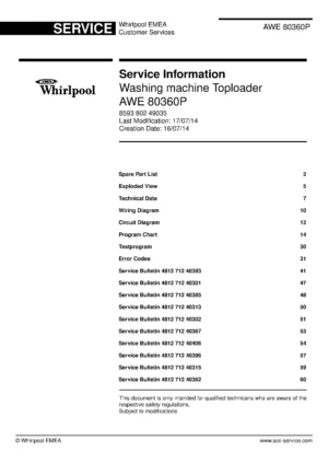 Whirlpool awe 80360p service manual cover Whirlpool logo, Whirlpool EMEA customer service, model type, publication date, document number and service manual contents
