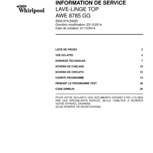 Whirlpool awe 8785 gg couverture du manuel d entretien Whirlpool logo, Whirlpool EMEA customer service, model type, publication date, document number and service manual contents