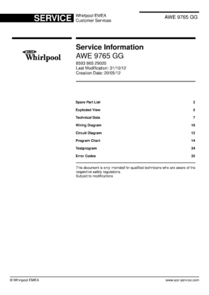 Whirlpool awe 9765 gg service manual cover Whirlpool logo, Whirlpool EMEA customer service, model type, publication date, document number and service manual contents
