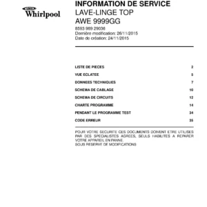 Whirlpool awe 9999gg couverture du manuel d entretien Whirlpool logo, Whirlpool EMEA customer service, model type, publication date, document number and service manual contents