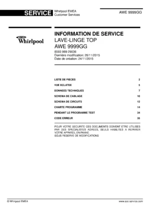 Whirlpool awe 9999gg couverture du manuel d entretien Whirlpool logo, Whirlpool EMEA customer service, model type, publication date, document number and service manual contents