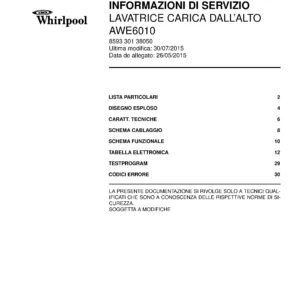 Whirlpool awe6010 copertina del manuale di servizio Whirlpool logo, Whirlpool EMEA customer service, model type, publication date, document number and service manual contents