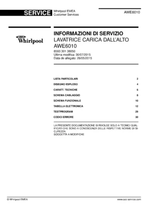 Whirlpool awe6010 copertina del manuale di servizio Whirlpool logo, Whirlpool EMEA customer service, model type, publication date, document number and service manual contents