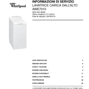 Whirlpool awe7010 copertina del manuale di servizio Whirlpool logo, Whirlpool EMEA customer service, model type, publication date, document number and service manual contents