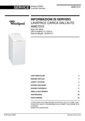 Whirlpool awe7010 copertina del manuale di servizio Whirlpool logo, Whirlpool EMEA customer service, model type, publication date, document number and service manual contents