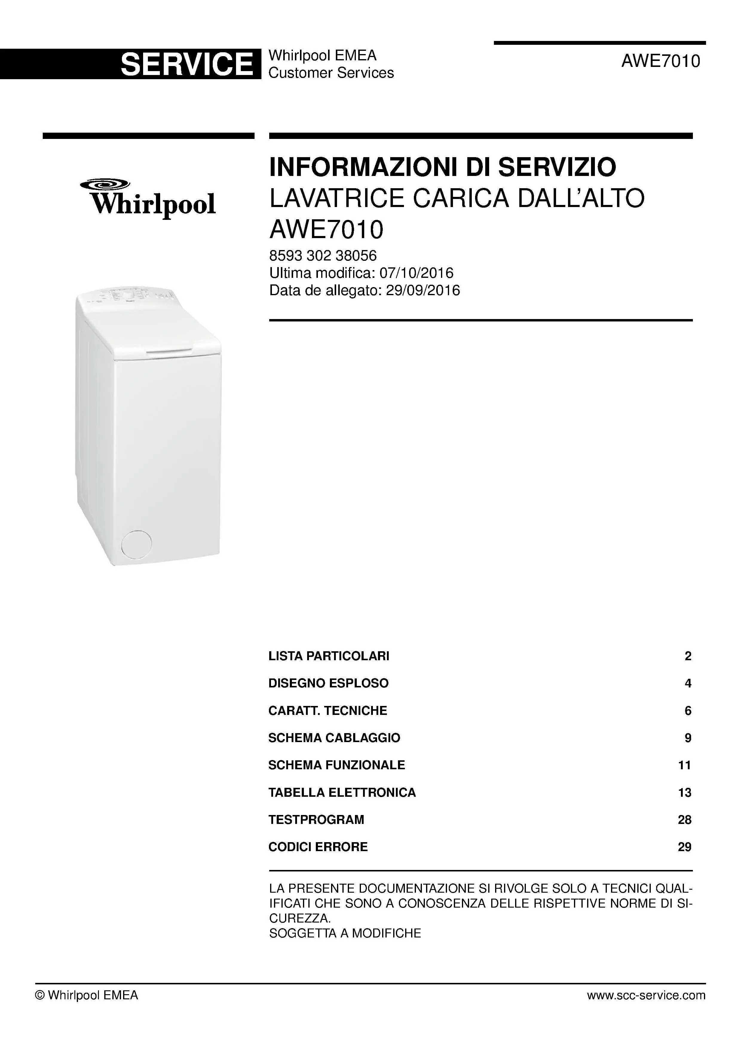 Whirlpool awe7010 copertina del manuale di servizio Whirlpool logo, Whirlpool EMEA customer service, model type, publication date, document number and service manual contents