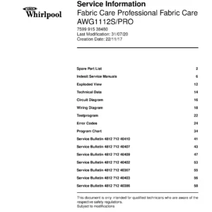 Whirlpool awg 1112 s pro service manual cover Whirlpool logo, Whirlpool EMEA customer service, model type, publication date, document number and service manual contents