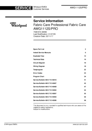 Whirlpool awg 1112 s pro service manual cover Whirlpool logo, Whirlpool EMEA customer service, model type, publication date, document number and service manual contents