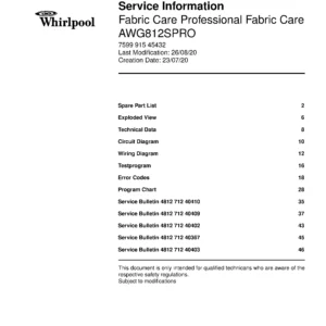 Whirlpool awg 812 s pro service manual cover Whirlpool logo, Whirlpool EMEA customer service, model type, publication date, document number and service manual contents