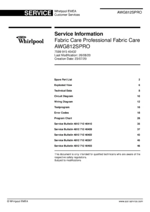 Whirlpool awg 812 s pro service manual cover Whirlpool logo, Whirlpool EMEA customer service, model type, publication date, document number and service manual contents