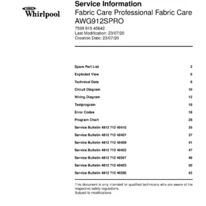 Whirlpool awg 912 s pro service manual cover Whirlpool logo, Whirlpool EMEA customer service, model type, publication date, document number and service manual contents