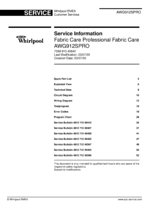 Whirlpool awg 912 s pro service manual cover Whirlpool logo, Whirlpool EMEA customer service, model type, publication date, document number and service manual contents