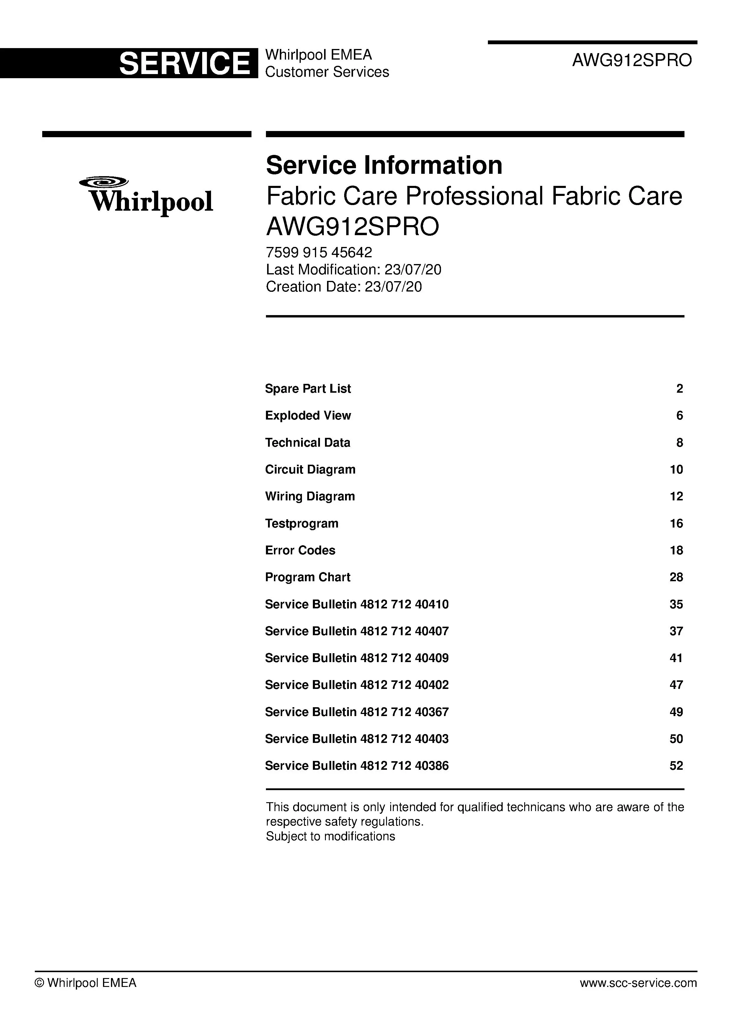 Whirlpool awg 912 s pro service manual cover Whirlpool logo, Whirlpool EMEA customer service, model type, publication date, document number and service manual contents