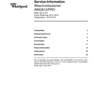 Whirlpool awg812 pro service manual cover Whirlpool logo, Whirlpool EMEA customer service, model type, publication date, document number and service manual contents