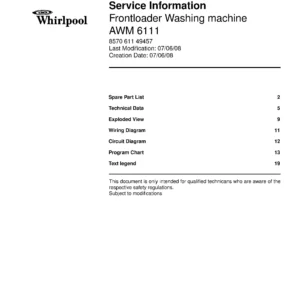 Whirlpool awm 6111 service manual cover Whirlpool logo, Whirlpool EMEA customer service, model type, publication date, document number and service manual contents