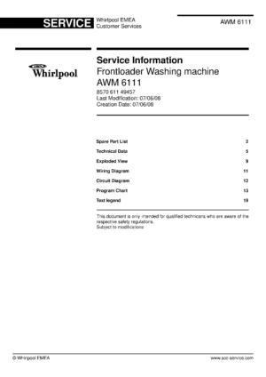 Whirlpool awm 6111 service manual cover Whirlpool logo, Whirlpool EMEA customer service, model type, publication date, document number and service manual contents