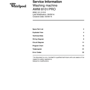 Whirlpool awm 8101 pro service manual cover Whirlpool logo, Whirlpool EMEA customer service, model type, publication date, document number and service manual contents