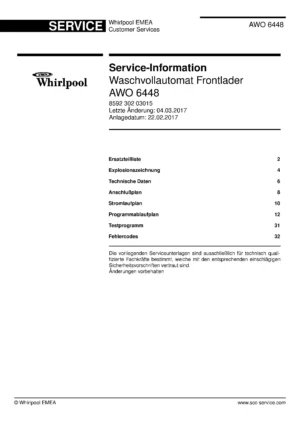 Whirlpool awo 6448 deckblatt der serviceanleitung Whirlpool logo, Whirlpool EMEA customer service, model type, publication date, document number and service manual contents