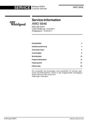 Whirlpool awo 6846 deckblatt der serviceanleitung Whirlpool logo, Whirlpool EMEA customer service, model type, publication date, document number and service manual contents