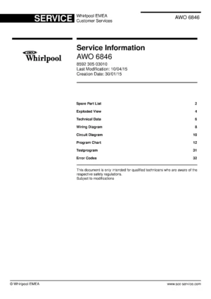Whirlpool awo 6846 service manual cover Whirlpool logo, Whirlpool EMEA customer service, model type, publication date, document number and service manual contents