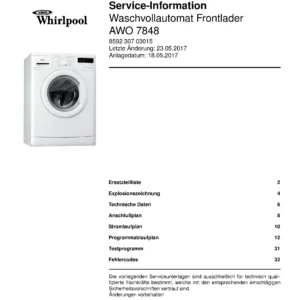 Whirlpool awo 7848 deckblatt der serviceanleitung Whirlpool logo, Whirlpool EMEA customer service, model type, publication date, document number and service manual contents