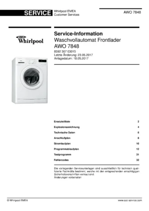 Whirlpool awo 7848 deckblatt der serviceanleitung Whirlpool logo, Whirlpool EMEA customer service, model type, publication date, document number and service manual contents