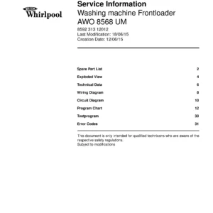 Whirlpool awo 8568 um service manual cover Whirlpool logo, Whirlpool EMEA customer service, model type, publication date, document number and service manual contents