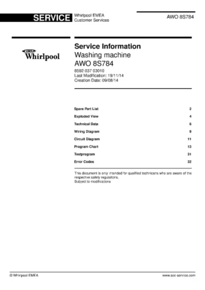Whirlpool awo 8s784 service manual cover Whirlpool logo, Whirlpool EMEA customer service, model type, publication date, document number and service manual contents