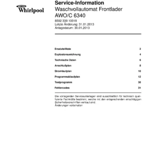 Whirlpool awo c 6340 deckblatt der serviceanleitung Whirlpool logo, Whirlpool EMEA customer service, model type, publication date, document number and service manual contents