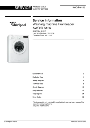 Whirlpool awo d 6126 service manual cover Whirlpool logo, Whirlpool EMEA customer service, model type, publication date, document number and service manual contents
