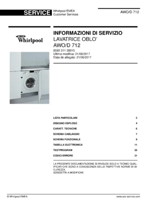 Whirlpool awo d 712 copertina del manuale di servizio Whirlpool logo, Whirlpool EMEA customer service, model type, publication date, document number and service manual contents