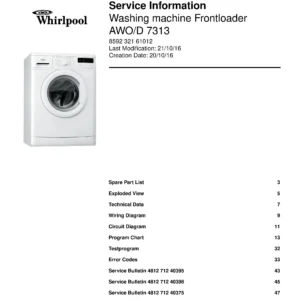 Whirlpool awo d 7313 service manual cover Whirlpool logo, Whirlpool EMEA customer service, model type, publication date, document number and service manual contents