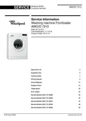 Whirlpool awo d 7313 service manual cover Whirlpool logo, Whirlpool EMEA customer service, model type, publication date, document number and service manual contents