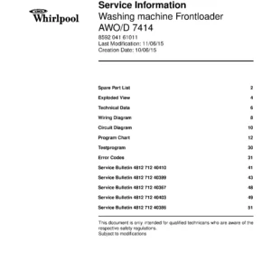 Whirlpool awo d 7414 service manual cover Whirlpool logo, Whirlpool EMEA customer service, model type, publication date, document number and service manual contents