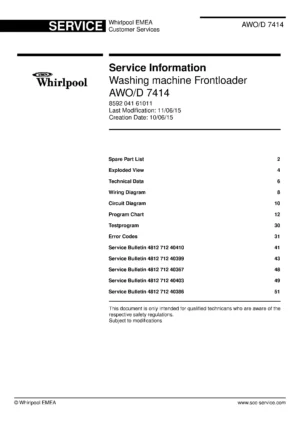 Whirlpool awo d 7414 service manual cover Whirlpool logo, Whirlpool EMEA customer service, model type, publication date, document number and service manual contents