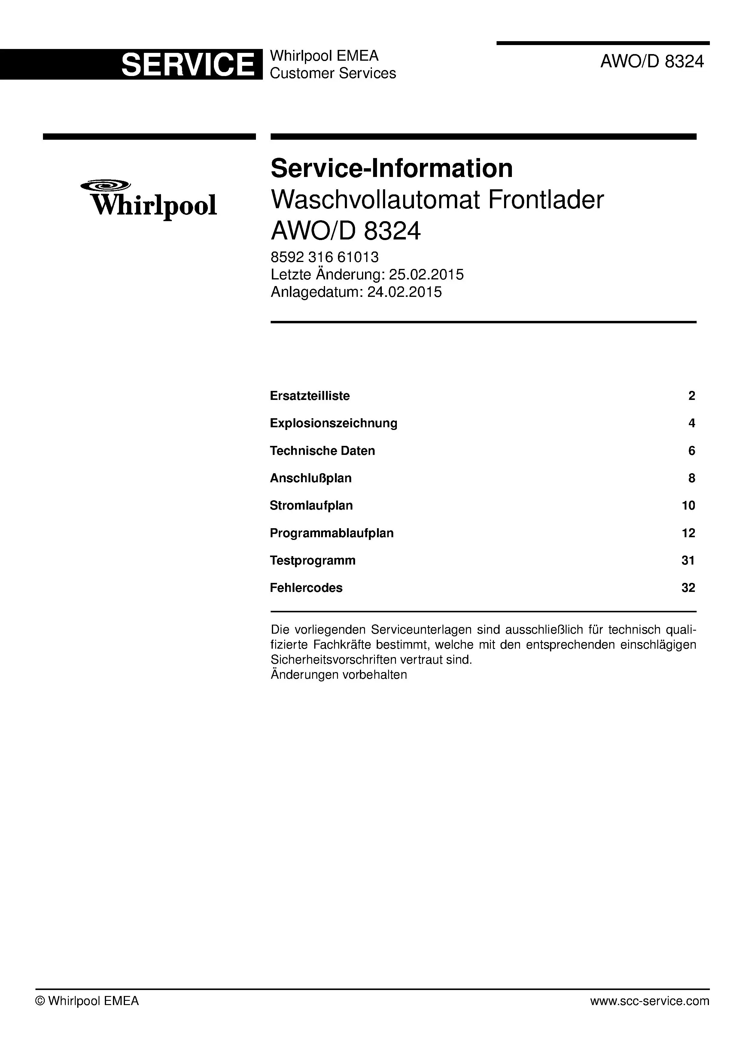 Whirlpool awo d 8324 deckblatt der serviceanleitung Whirlpool logo, Whirlpool EMEA customer service, model type, publication date, document number and service manual contents