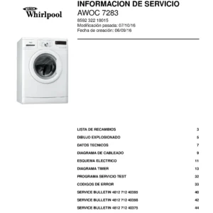 Whirlpool awoc 7283 portada del manual de servicio Whirlpool logo, Whirlpool EMEA customer service, model type, publication date, document number and service manual contents