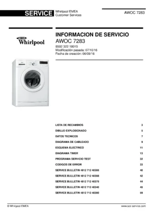 Whirlpool awoc 7283 portada del manual de servicio Whirlpool logo, Whirlpool EMEA customer service, model type, publication date, document number and service manual contents