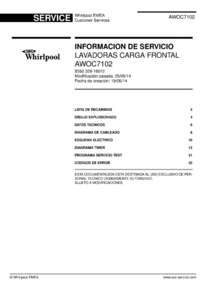 Whirlpool awoc7102 portada del manual de servicio Whirlpool logo, Whirlpool EMEA customer service, model type, publication date, document number and service manual contents