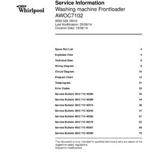 Whirlpool awoc7102 service manual cover Whirlpool logo, Whirlpool EMEA customer service, model type, publication date, document number and service manual contents