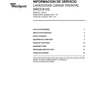 Whirlpool awoc8102 portada del manual de servicio Whirlpool logo, Whirlpool EMEA customer service, model type, publication date, document number and service manual contents