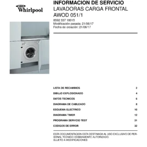 Whirlpool awod 051 1 portada del manual de servicio Whirlpool logo, Whirlpool EMEA customer service, model type, publication date, document number and service manual contents