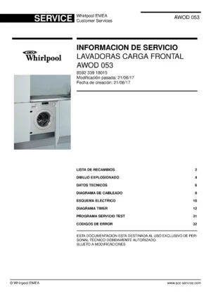 Whirlpool awod 053 portada del manual de servicio Whirlpool logo, Whirlpool EMEA customer service, model type, publication date, document number and service manual contents
