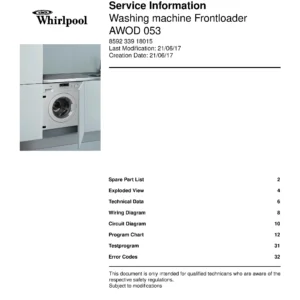 Whirlpool awod 053 service manual cover Whirlpool logo, Whirlpool EMEA customer service, model type, publication date, document number and service manual contents