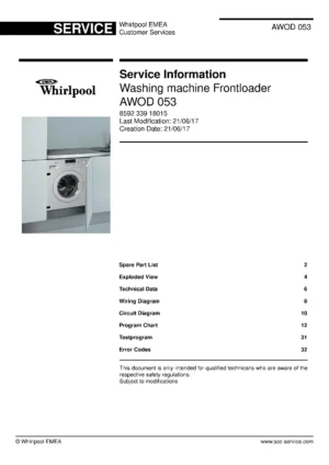 Whirlpool awod 053 service manual cover Whirlpool logo, Whirlpool EMEA customer service, model type, publication date, document number and service manual contents