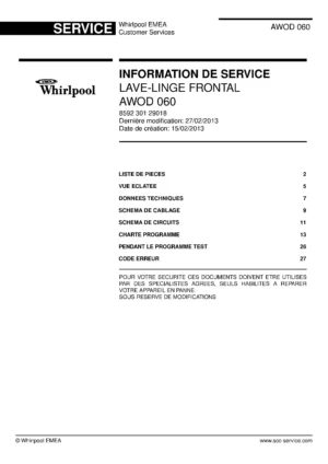 Whirlpool awod 060 couverture du manuel d entretien Whirlpool logo, Whirlpool EMEA customer service, model type, publication date, document number and service manual contents
